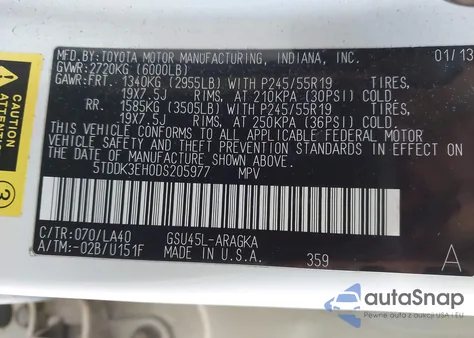 2013 Toyota Highlander Limited V6 z USA, uszkodzony, nr VIN 5TDDK3EH0DS205977